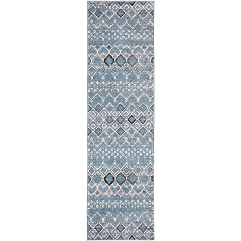 Blue and Ivory Geometric Hand-knotted Runner Rug
