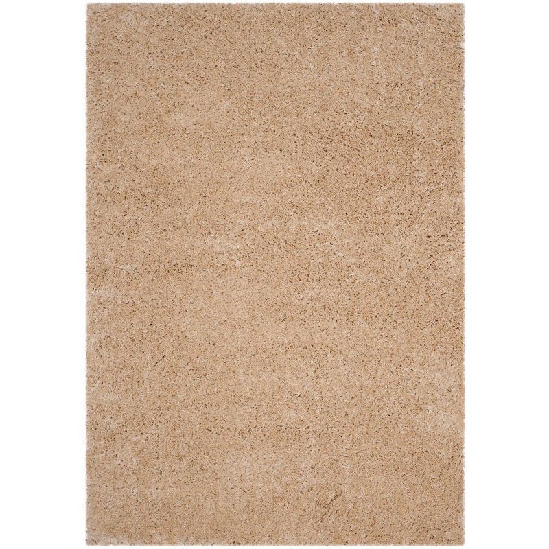 Sumptuous Silken Light Beige Round Shag Rug, Easy-Care Synthetic