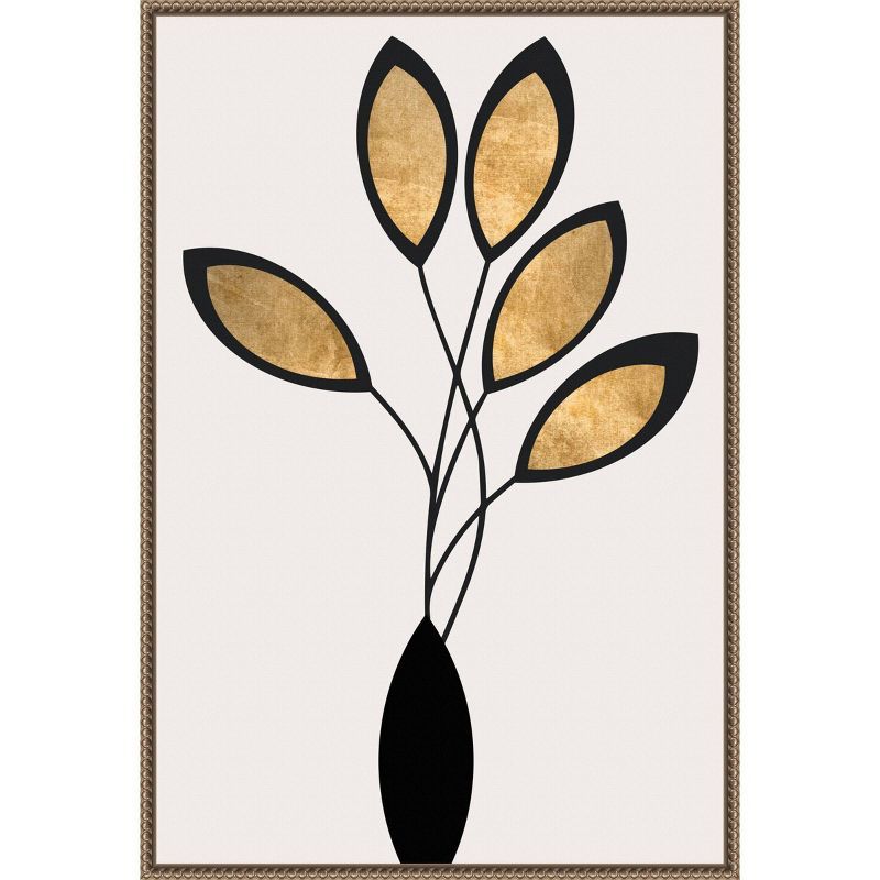 23"x33" Black and Gold Abstract Floral Canvas with Bronze Frame