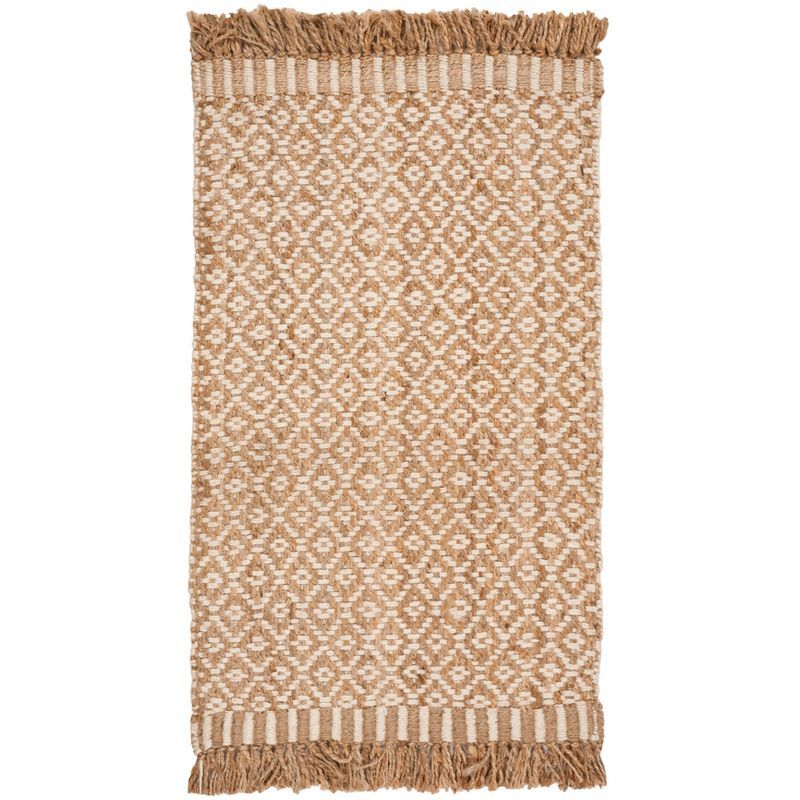 Ivory and Natural Handwoven Jute Area Rug with Fringe