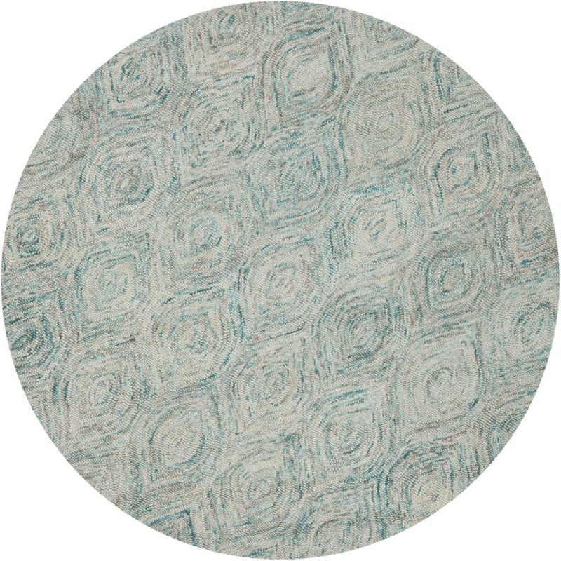 Ivory and Sea Blue Round Wool Geometric Area Rug, 6 ft.