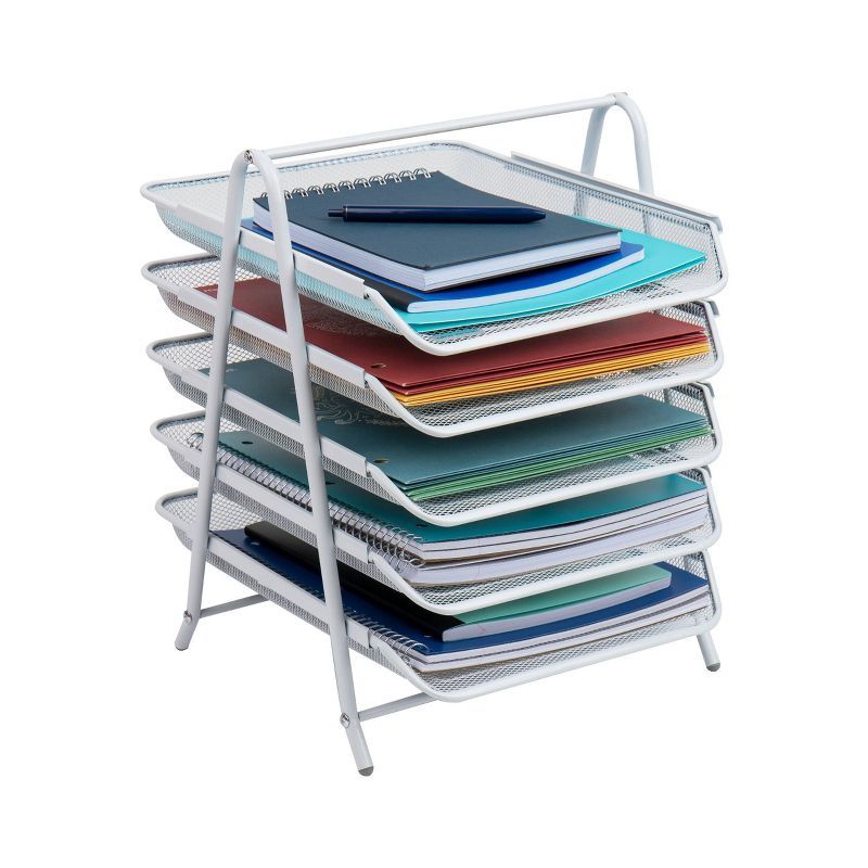 White Metal Mesh 5-Tier Letter Tray Organizer with Handle