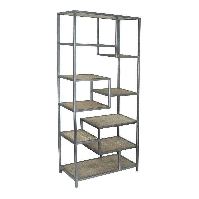 Bodhan Whitewash Mango Wood and Gray Metal 82" Staggered Shelf Etagere