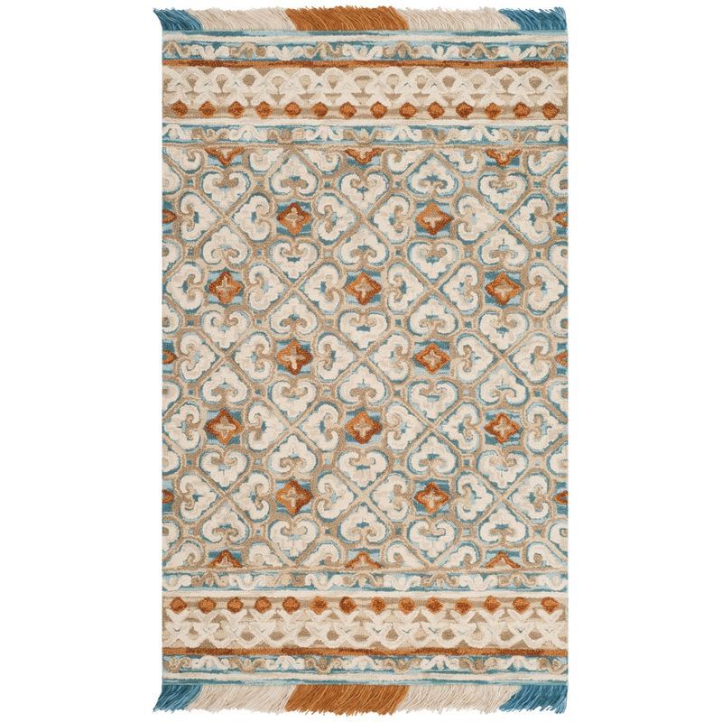 Ivory and Blue Hand-Tufted Wool Area Rug, 5' x 8'