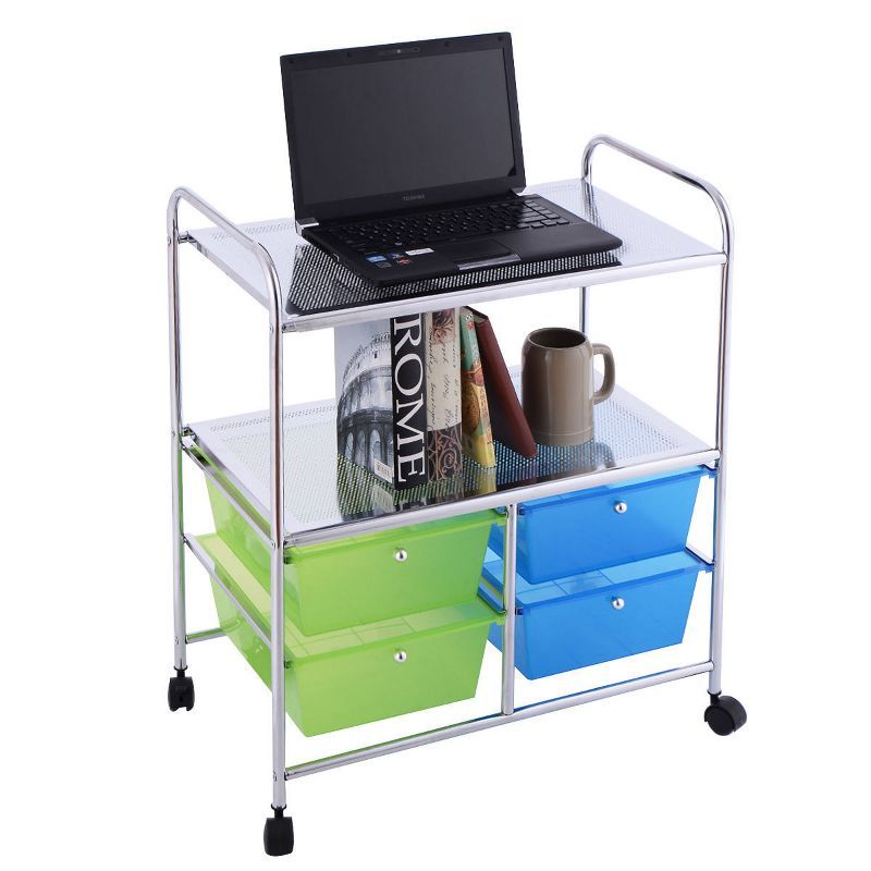 Green and Blue 4-Drawer Rolling Storage Cart with Metal Shelves