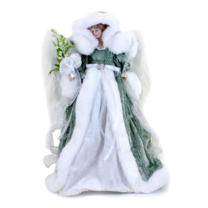 Green and White Velvet Angel Tree Topper with Faux Fur