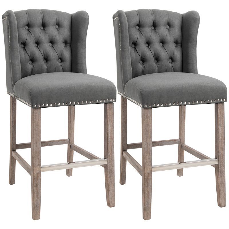 Dark Grey Upholstered Wingback Bar Stools with Wood Legs, Set of 2