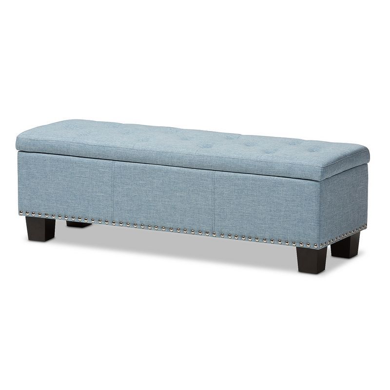 Hannah Light Blue Fabric Upholstered Storage Bench with Rubberwood Legs