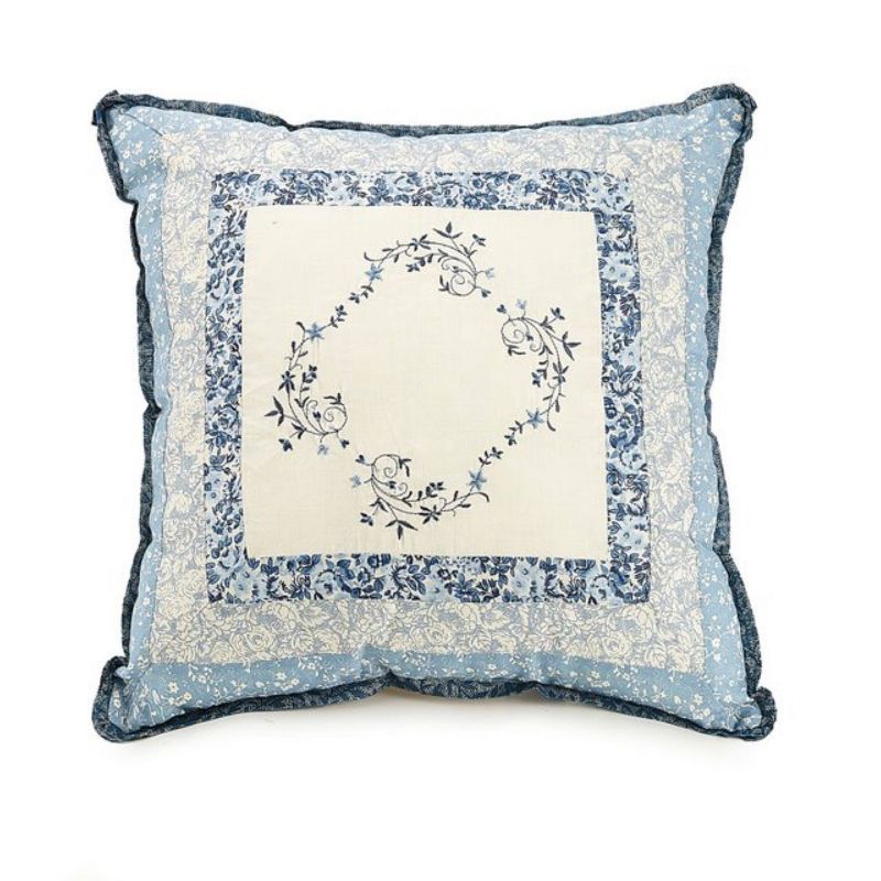 16" Square Blue Floral Embroidered Cotton Pillow