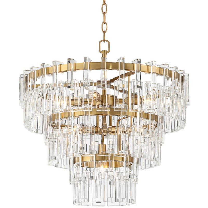 Elegant Burnished Brass and Crystal Tiered Chandelier 25.6" Wide