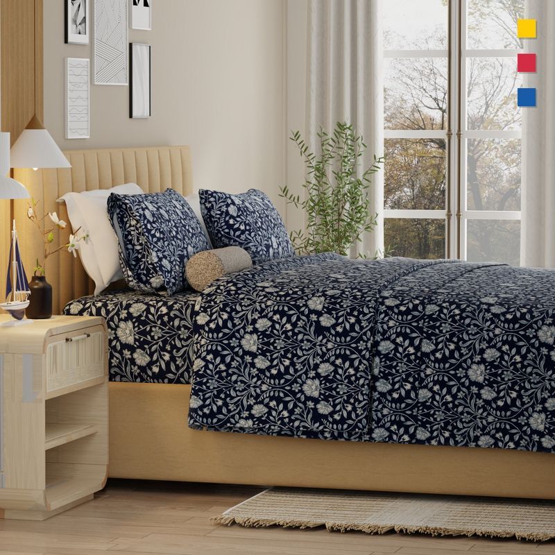 Queen Gray Cotton Percale Floral 4-Piece Sheet Set