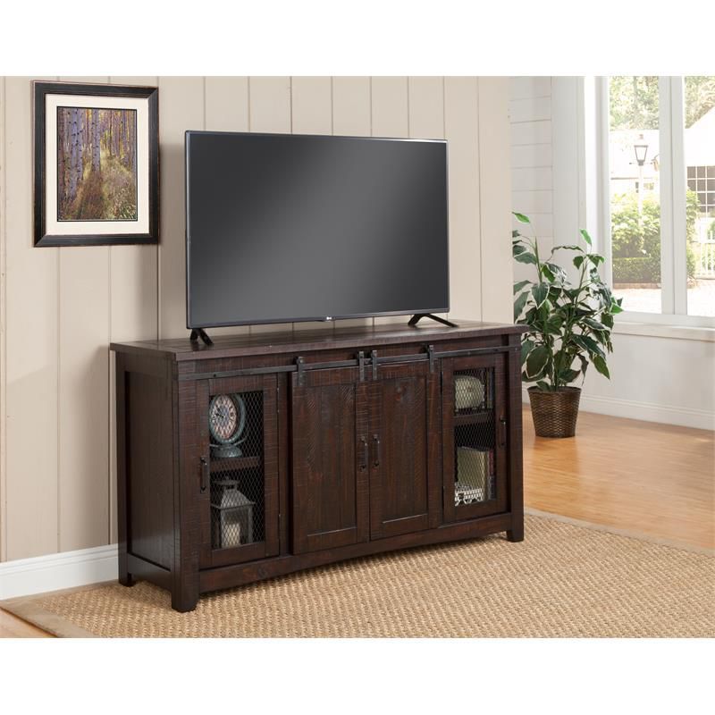 Espresso Pine Wood 65" TV Stand with Mesh Doors