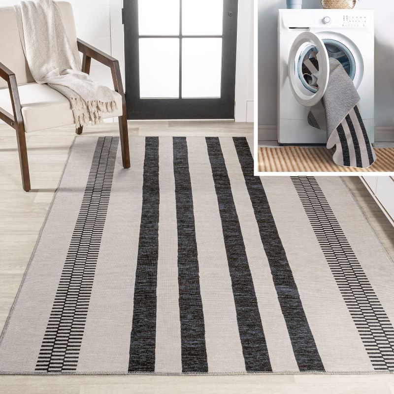 Cream and Black Striped Synthetic 3' x 5' Washable Area Rug