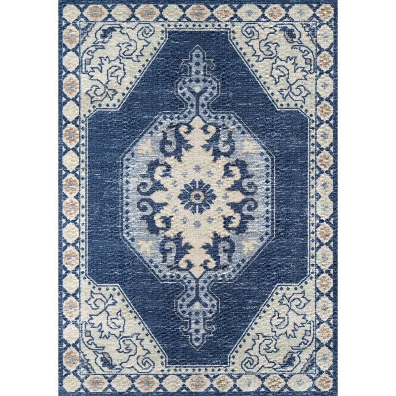 Navy Blue Wool Blend Medallion Area Rug, 7'9" x 9'10"