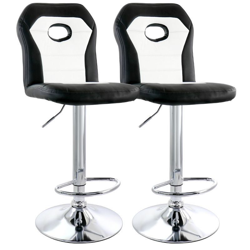 White and Black Faux Leather Adjustable Swivel Bar Stools with Chrome Base, Set of 2