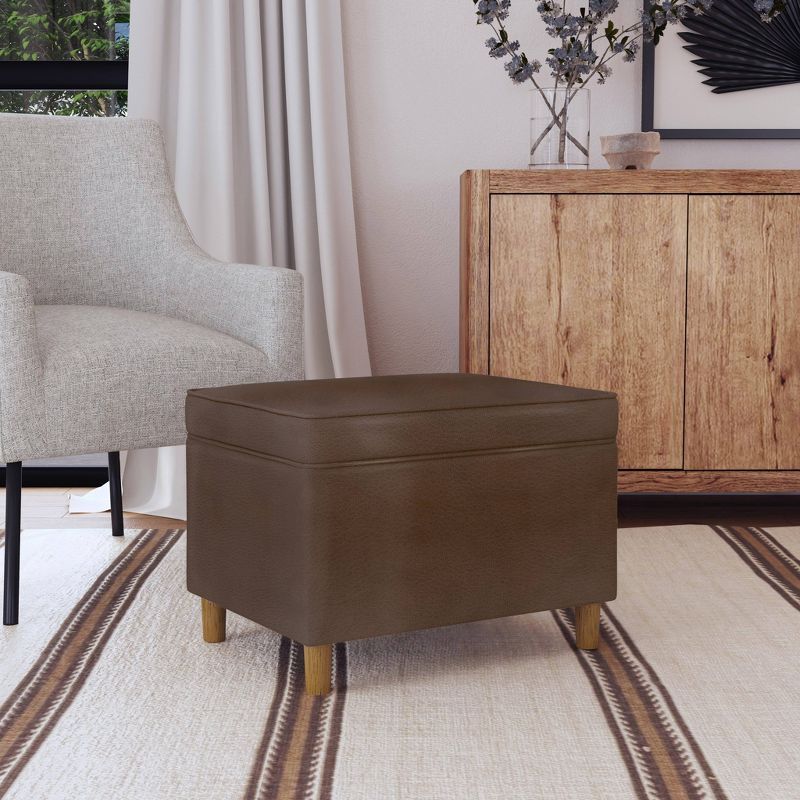 24" Dark Brown Faux Leather Storage Ottoman with Honey Oak Legs