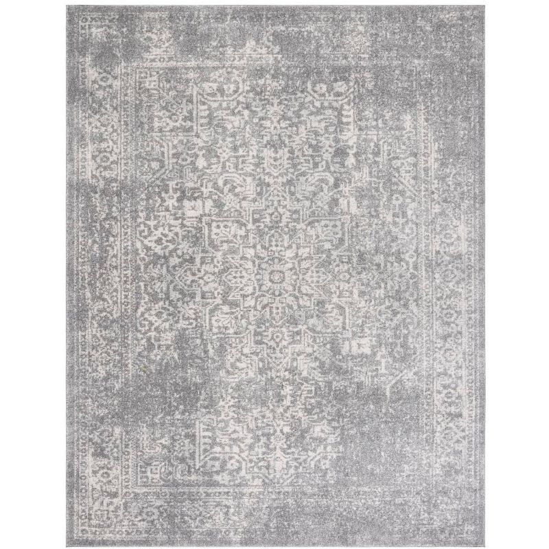 Silver and Ivory Floral Motif Low Pile Area Rug