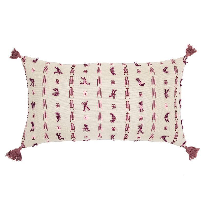 Ivory and Dark Pink Embroidered Cotton Lumbar Pillow with Tassels