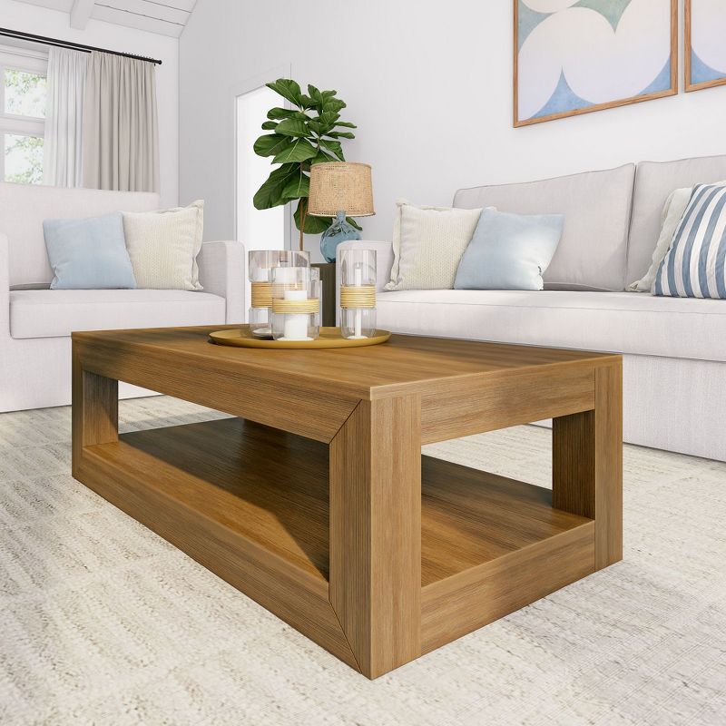 Modern Pecan Wirebrush Solid Wood Rectangular Coffee Table with Storage Shelf