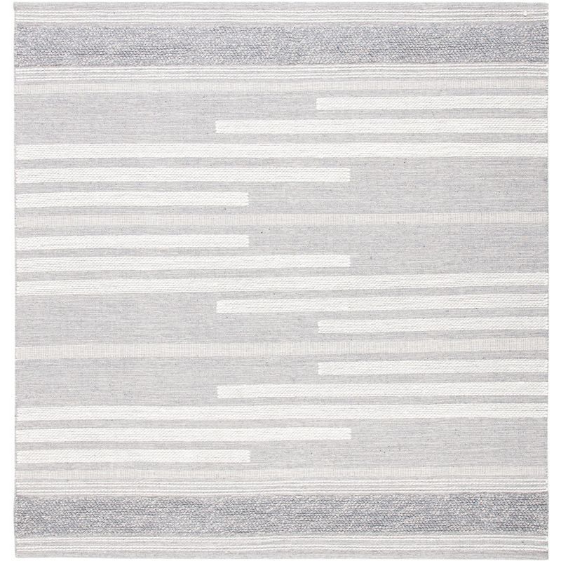 Gray and White Striped Kilim Wool-Cotton Square Rug