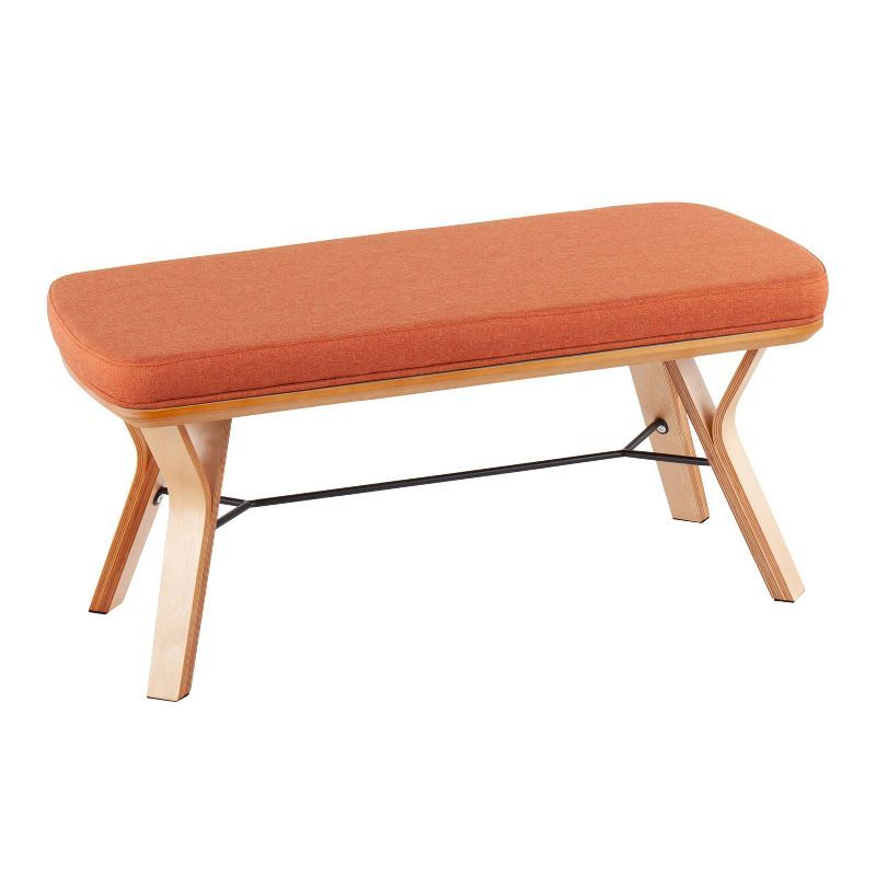 Mid-Century Modern Orange Fabric and Wood Bench