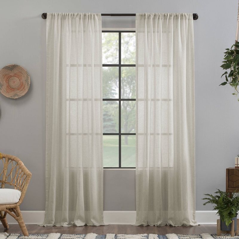 Ecru Sheer Linen Polyester Rod Pocket Curtain Panel