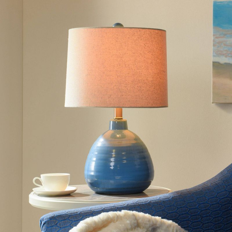 Seaside Storm Blue Ceramic Table Lamp with Beige Linen Shade