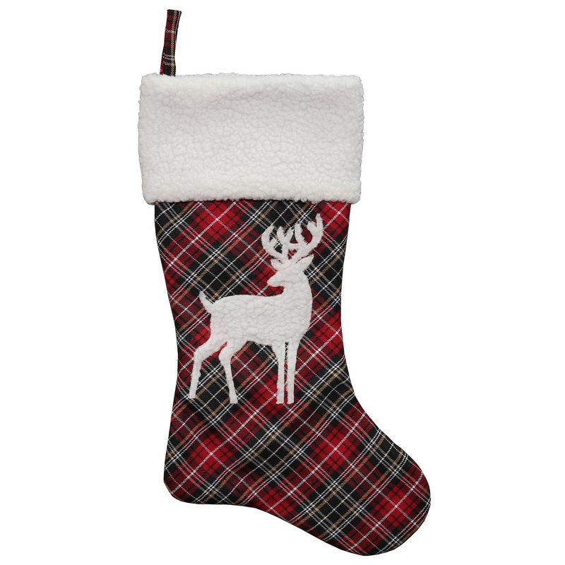 20" Black and Red Tartan Reindeer Christmas Stocking with White Cuff