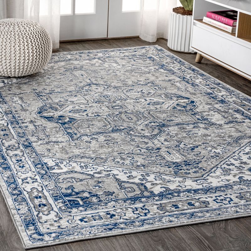 Light Grey and Navy Synthetic Persian Medallion Area Rug