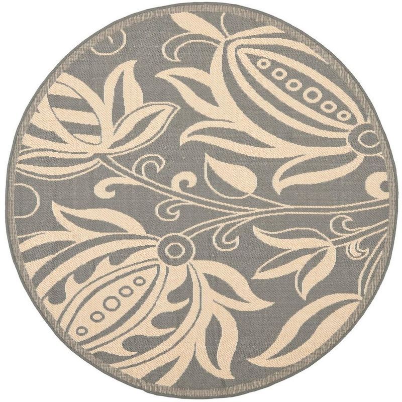 Gray and Natural Floral Round Synthetic Area Rug