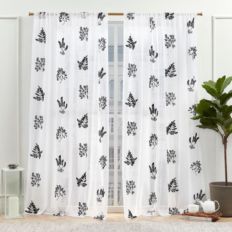 Mabel Black Botanical Sheer Rod Pocket Curtain Panels, 54"x84"