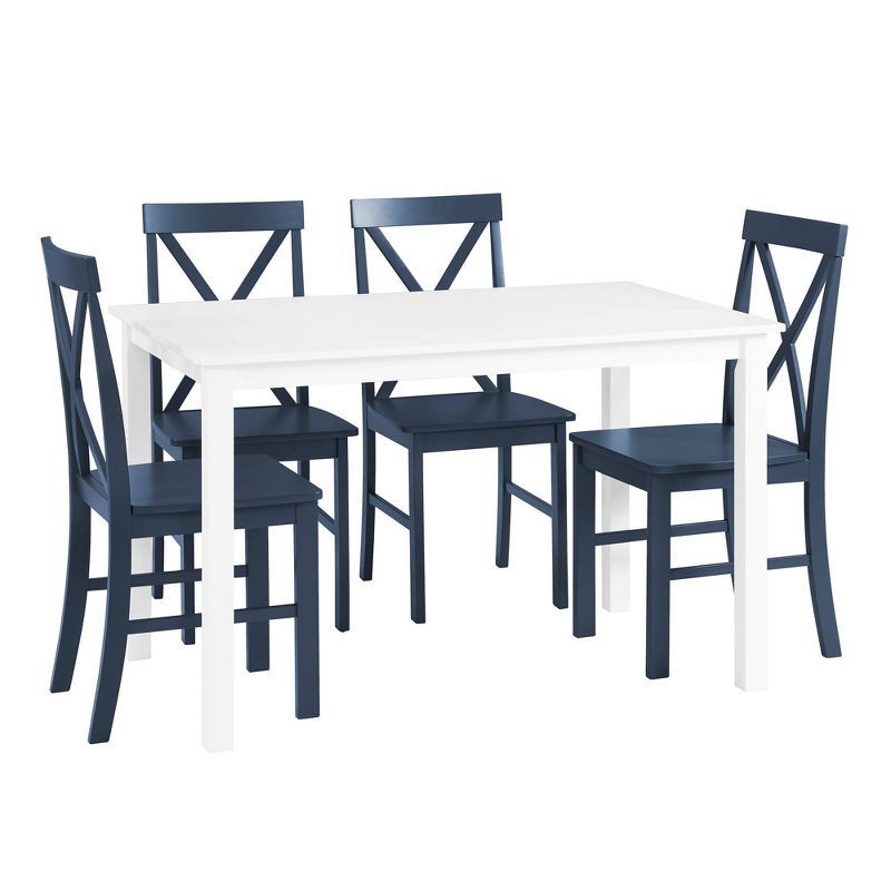 White and Navy X-Back Farmhouse Dining Set with 4 Chairs