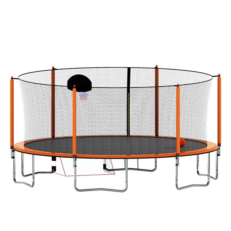 16FT Orange Round Trampoline with Enclosure and Basketball Hoop