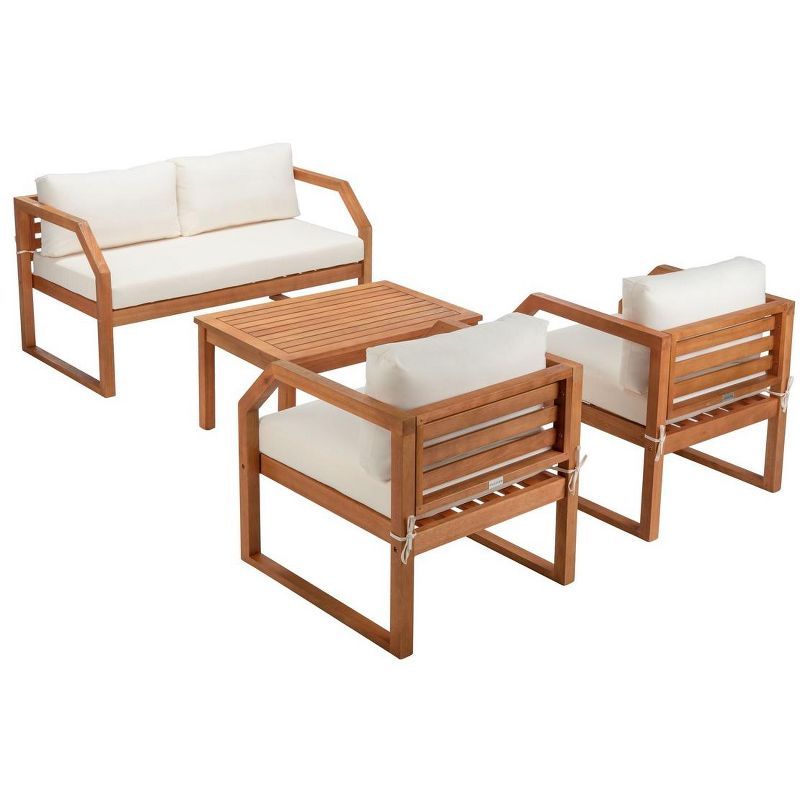 Natural Eucalyptus Wood 4-Piece Outdoor Living Set with Beige Cushions