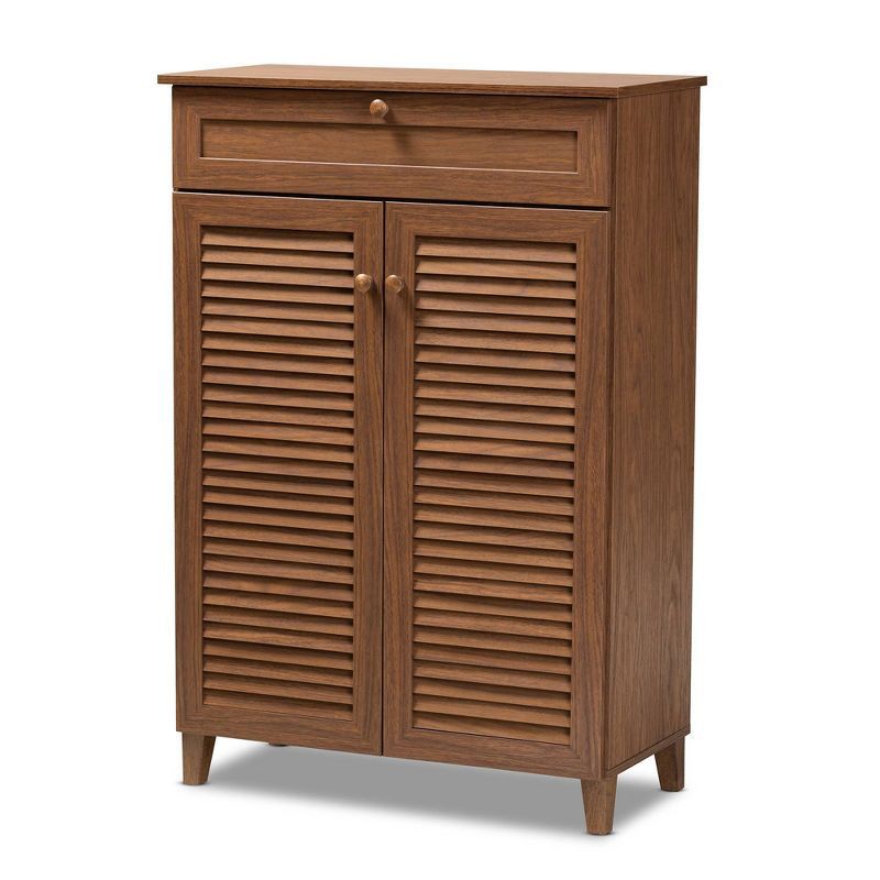 Walnut Finished 5-Shelf Wood Shoe Storage Cabinet with Drawer