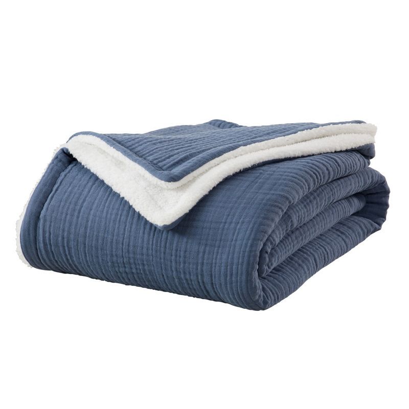 Blue Cotton Muslin Sherpa Reversible Throw Blanket