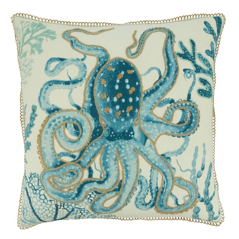 Aqua Blue Cotton Octopus Design 20" Square Throw Pillow Cover