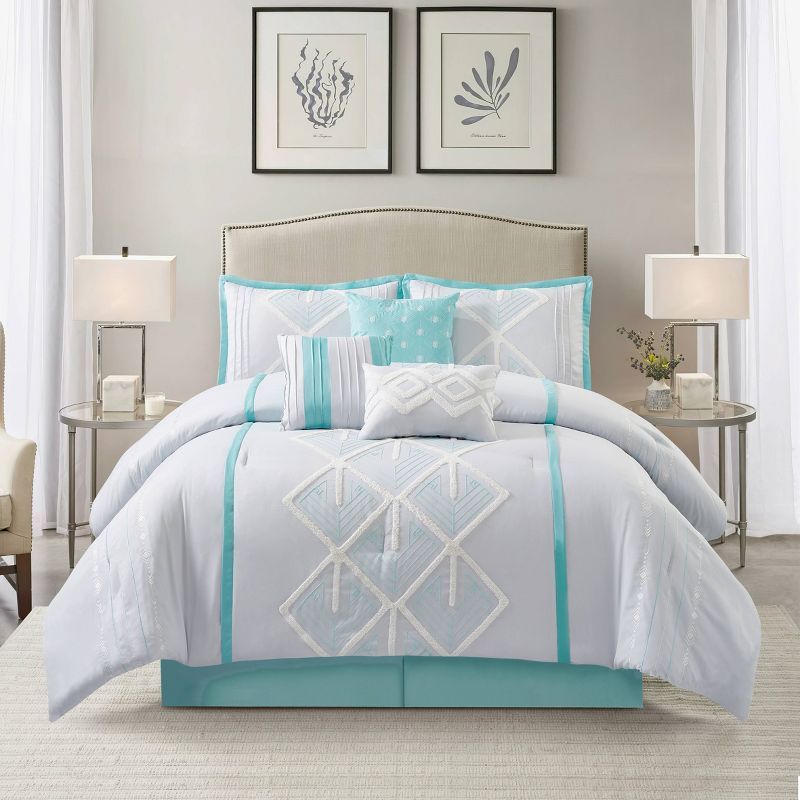 California King Blue Microfiber Geometric Comforter Bedding Set
