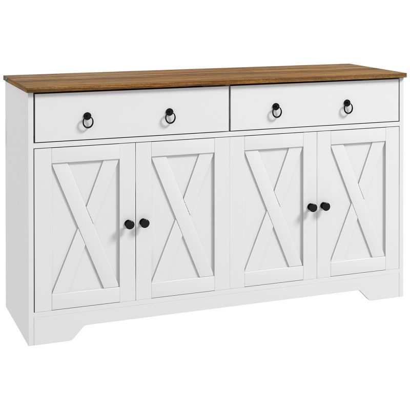 White Farmhouse Sideboard Buffet Cabinet with Barn Doors and Drawers