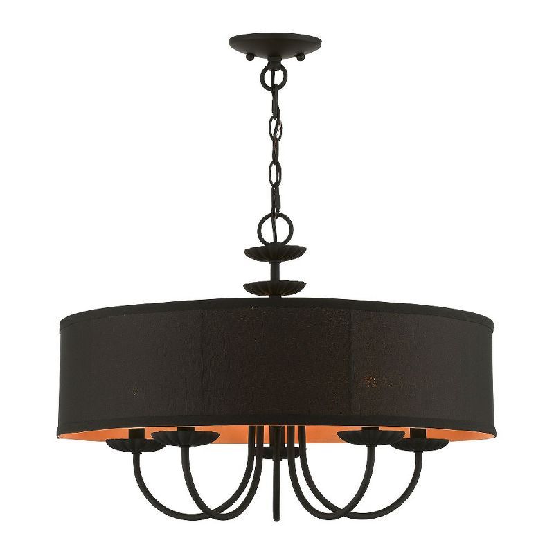 Winchester Transitional 5-Light Black Drum Pendant Chandelier with Silky Orange Inner Shade