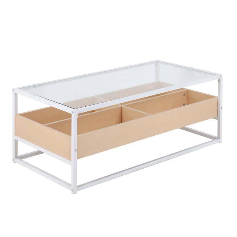 Modern Rectangular Tempered Glass Coffee Table with Natural Wood Storage