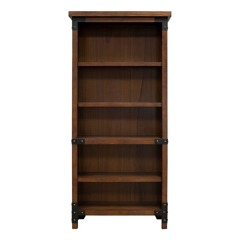 Adjustable Brown Wood Bookcase with Black Iron Accents