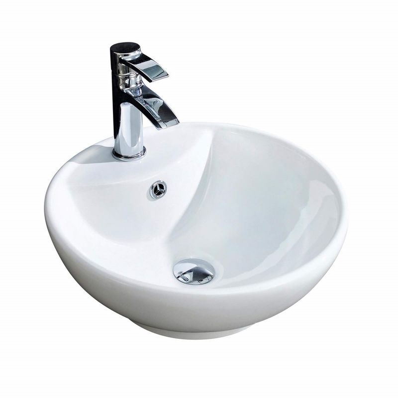 Glossy White Ceramic Circular Vessel Sink with Overflow