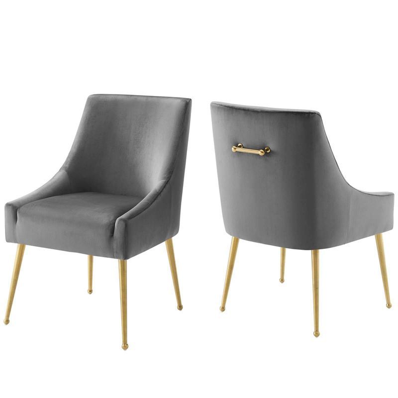 Gray Velvet Upholstered Dining Chairs with Gold Metal Legs, Set of 2