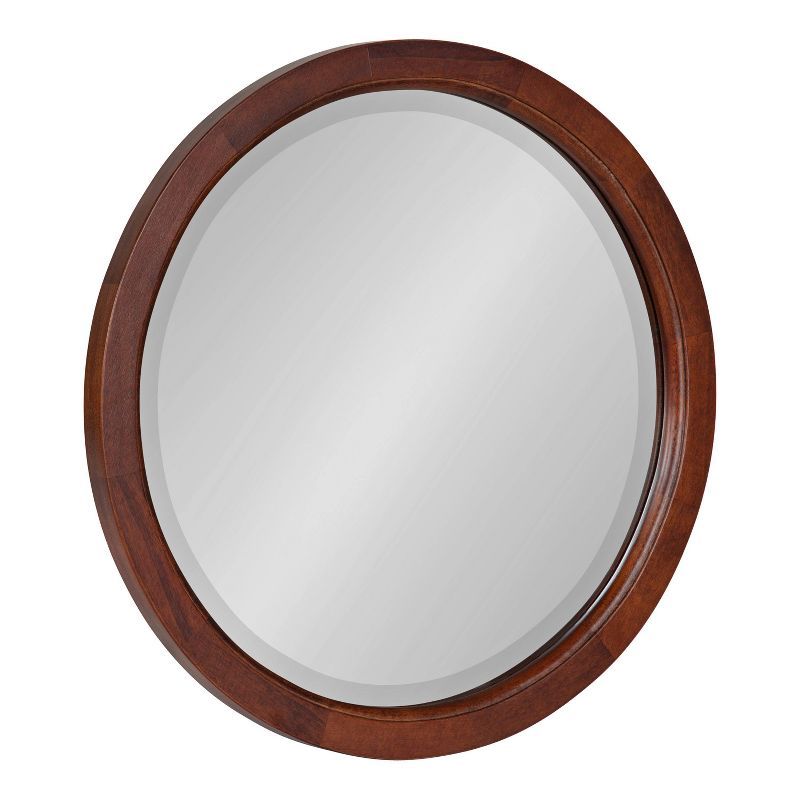 22" Round Walnut Brown Solid Poplar Wood Framed Wall Mirror