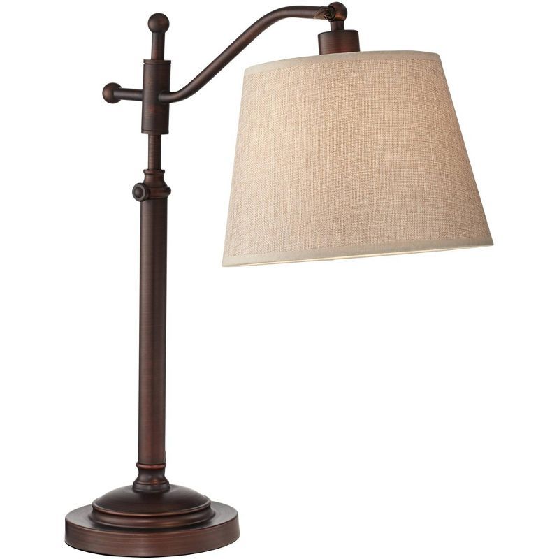 Adjustable Bronze Desk Lamp with Tan Linen Shade