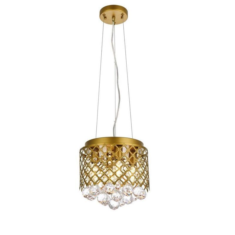 Elegant Brass and Crystal Drum Pendant with Adjustable Height