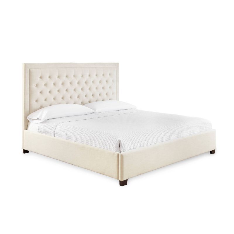 King White Upholstered Bed with Tufted Headboard and Nailhead Trim