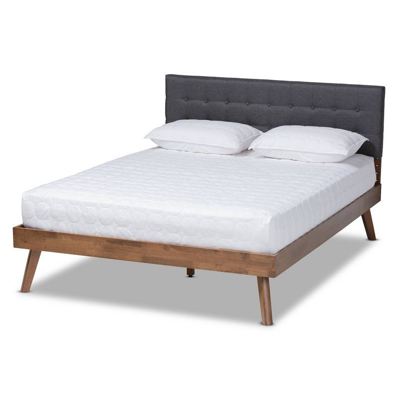 Devan Mid-Century Walnut & Dark Grey Tufted Full Platform Bed