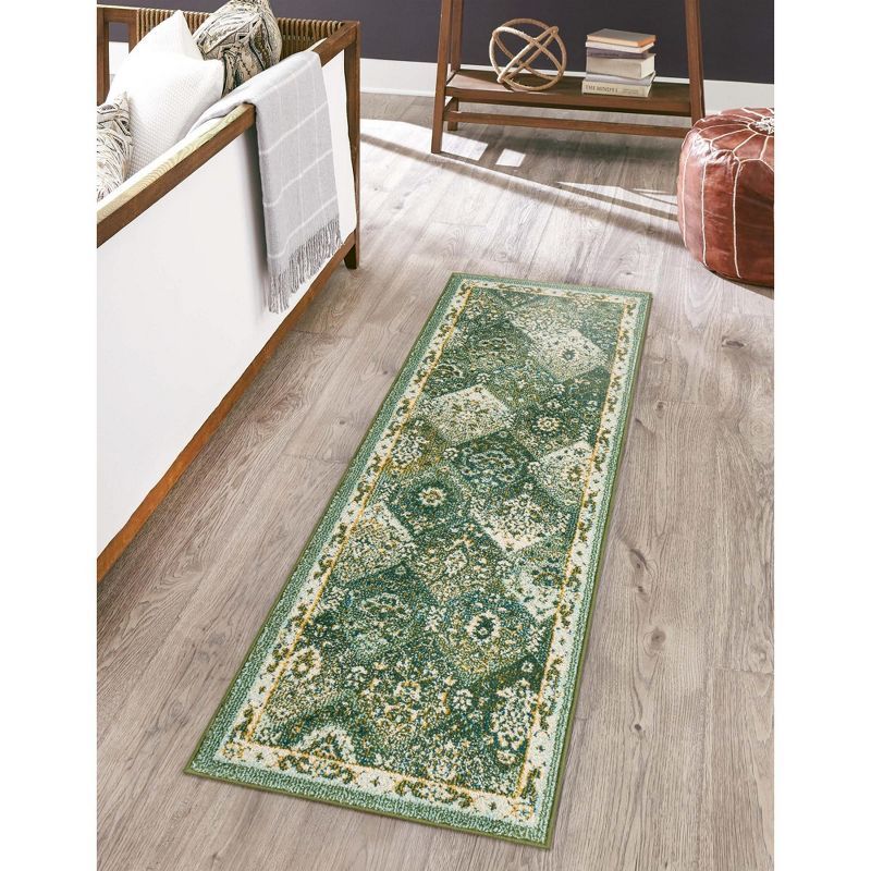 Green and Beige Synthetic Runner Rug with Traditional Design